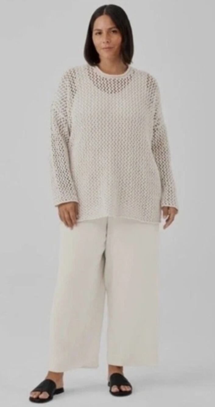 Eileen Fisher Silk Georgette Crepe Wide Leg Ankle Pant Bone S Minimalist Natural